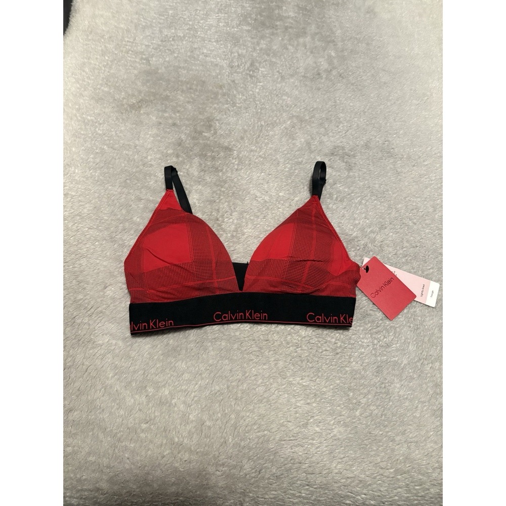 Calvin Klein Red Plaid Lightly Lined Triangle Bralatte Adjustable Straps Medium